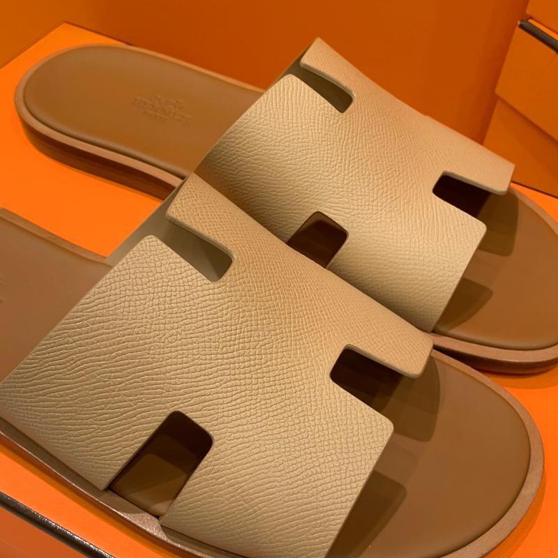 HERMES Izmir Sandals Calfskin Epsom Brown Camel Men's Slippers