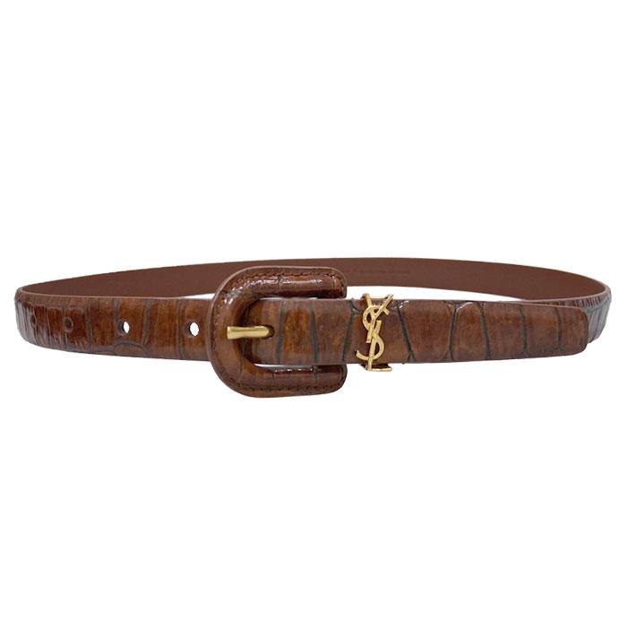 Saint Laurent Cassandra Crocodile-Embossed Leather Belt Women’s Brown
