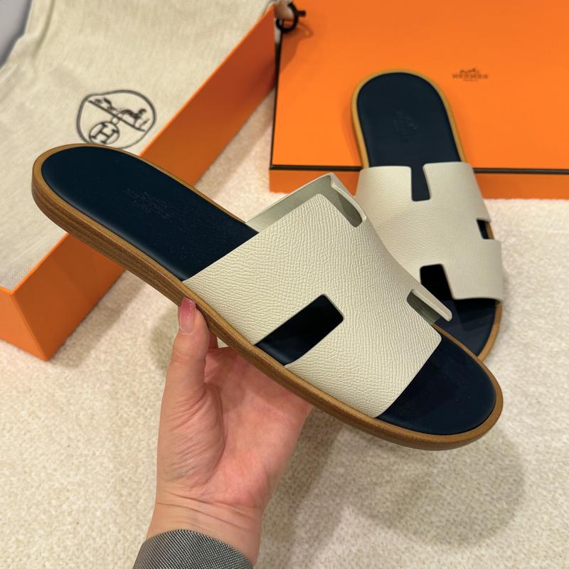 HERMES Izmir Sandals Calfskin Epsom White Navy Men's Slides