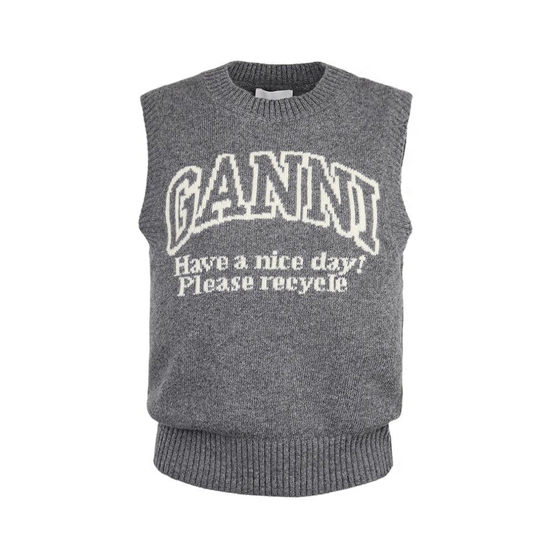 GANNI Women’s Logo Graphic Crewneck Wool Knit Vest K2308 523