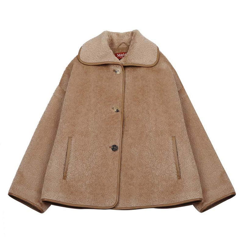 Max Mara Brushed Alpaca Leather-Trim Oversized Jacket for Women VADET 004