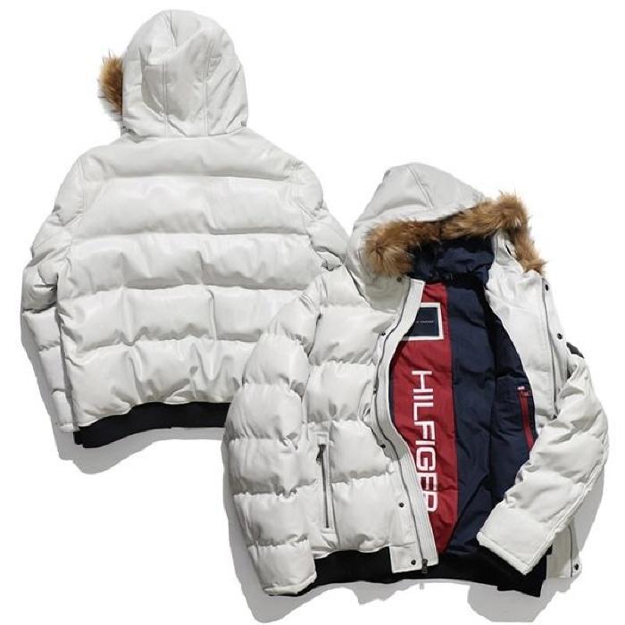 TOMMY HILFIGER Men’s Snorkel Bomber Jacket Faux Leather Ice Color