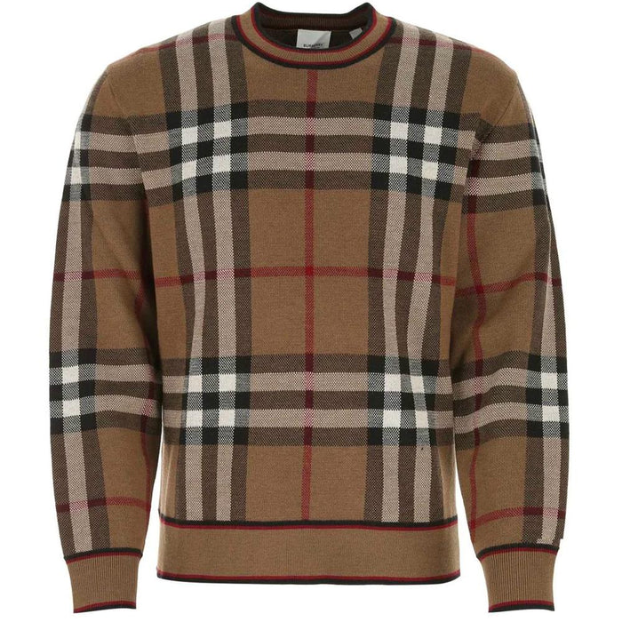 BURBERRY Brown Check Jacquard Wool Crewneck Sweater for Men 8036603