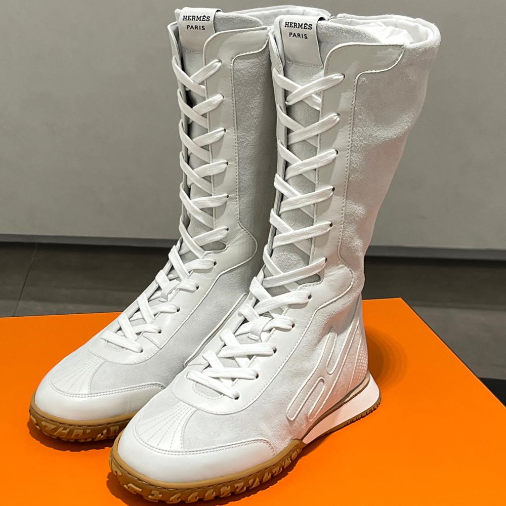 HERMES Suede Calfskin Lace-Up High-Top Sneakers White