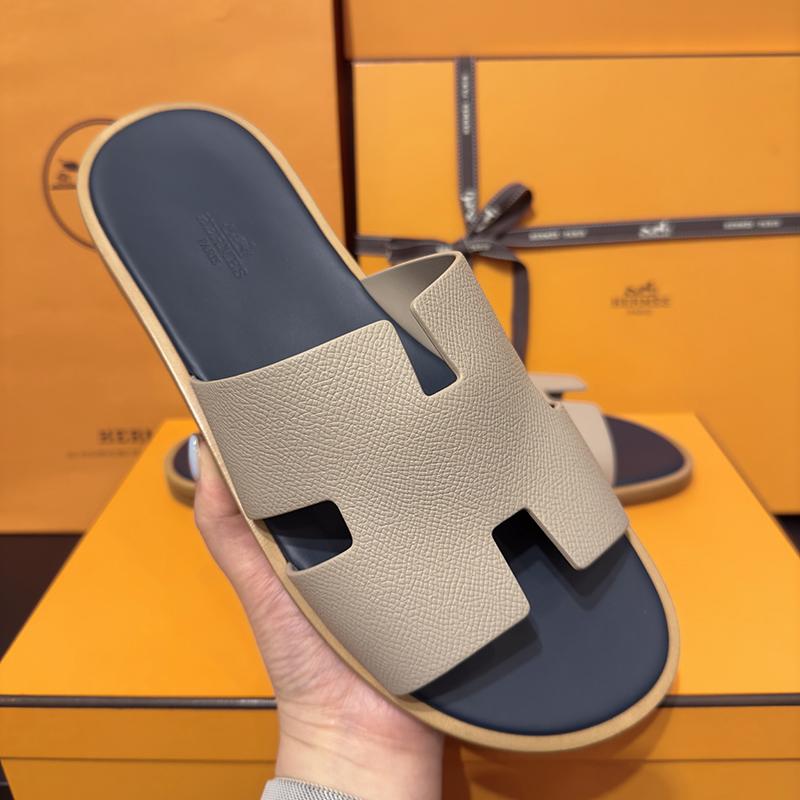 HERMES Izmir Epsom Calfskin Sandals Light Beige Dark Gray Men