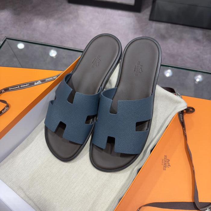 HERMES Izmir Epsom Calfskin Two-Tone Navy Brown Sandals