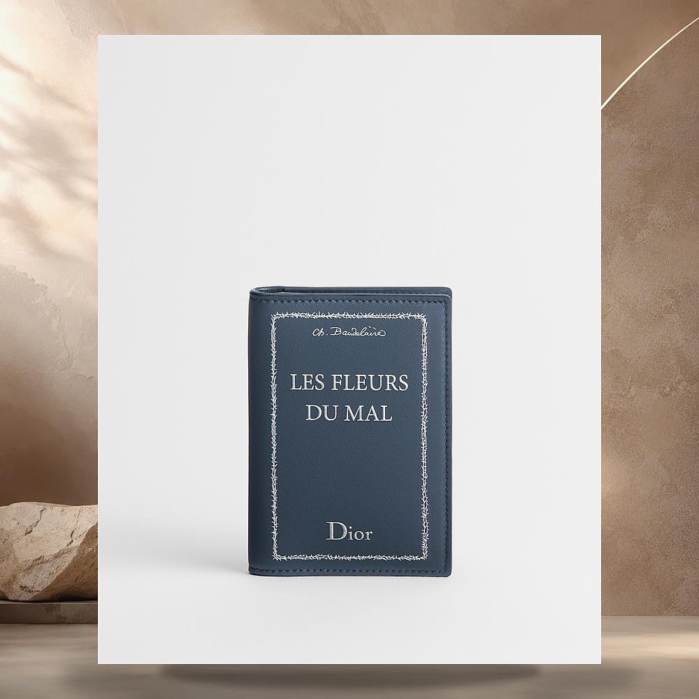 DIOR Blue White Bifold Card Holder Book Cover Embossed Calfskin
