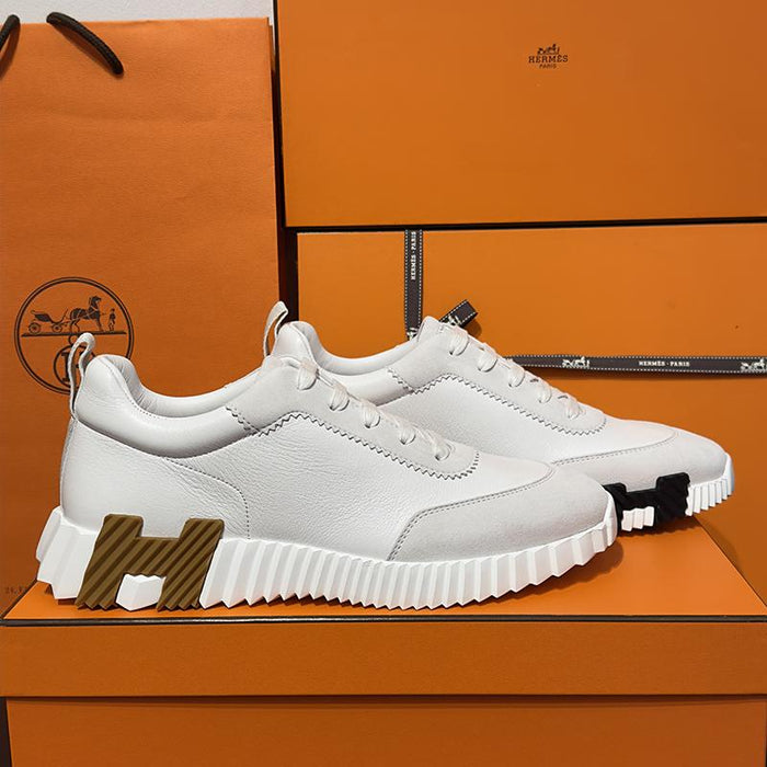 HERMES Bouncing Sneakers Calfskin White Brown Black Two-Tone Logo Men