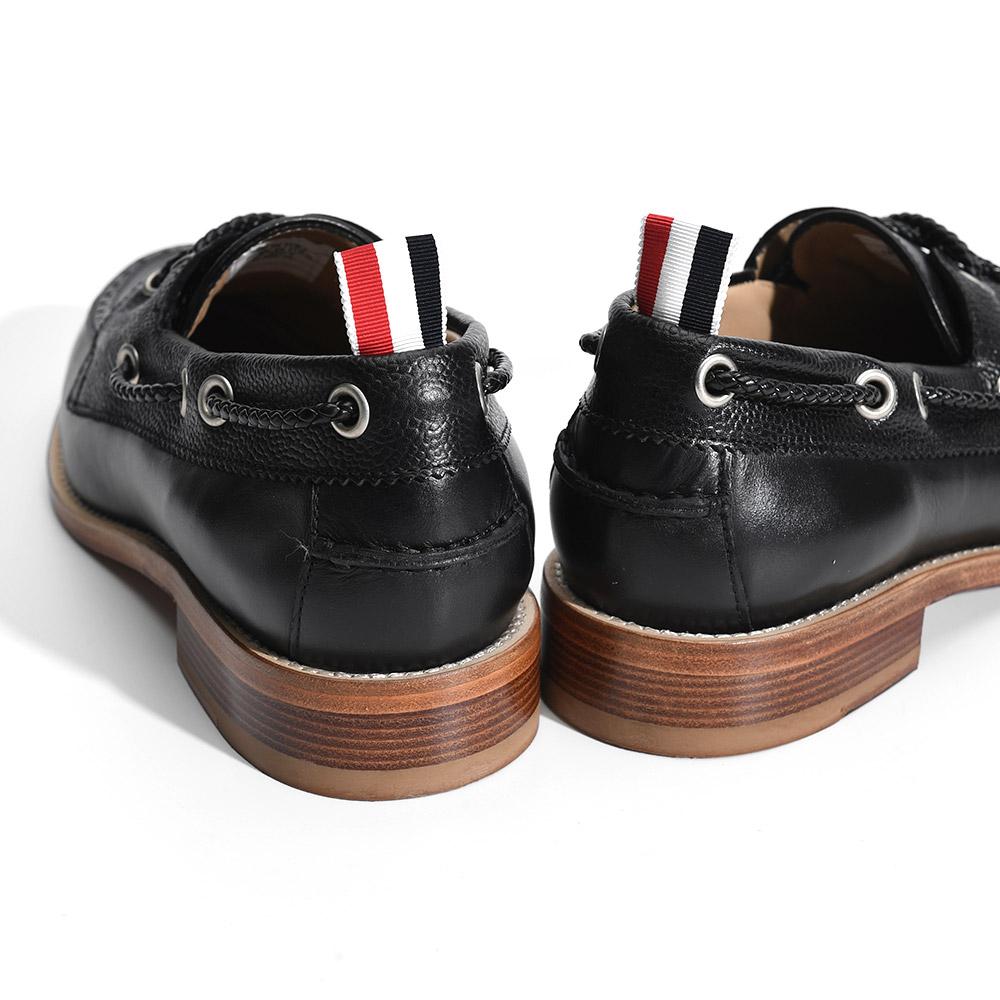 THOM BROWNE Black Vitello Calf Leather Boat Shoes Men's