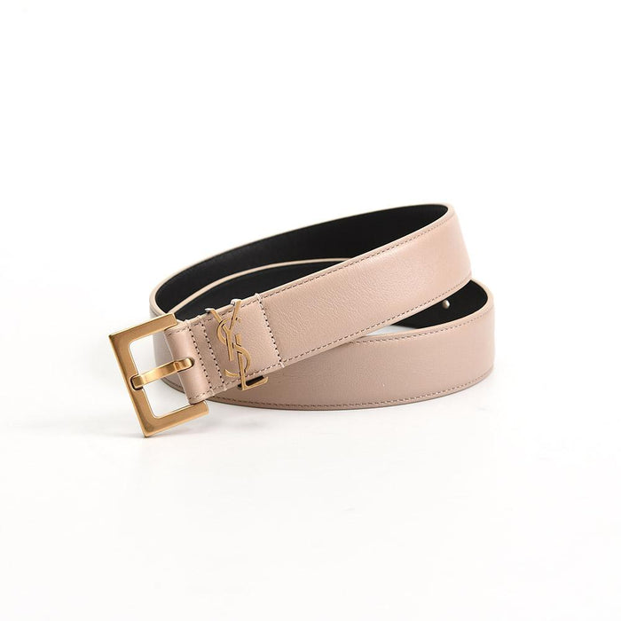 Saint Laurent Cassandra Gold Square Buckle Beige Leather Belt