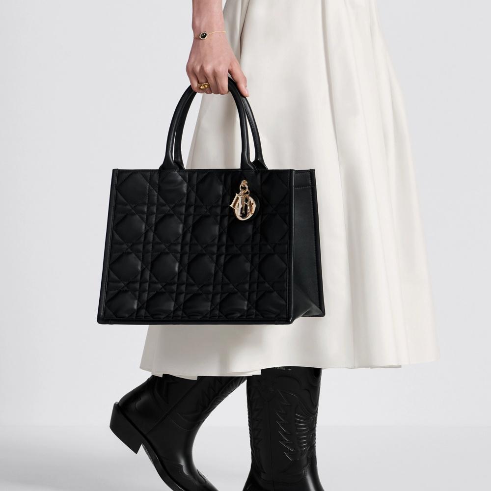 DIOR Leather Book Tote Medium Women’s Tote Bag Black White M1324OWHP