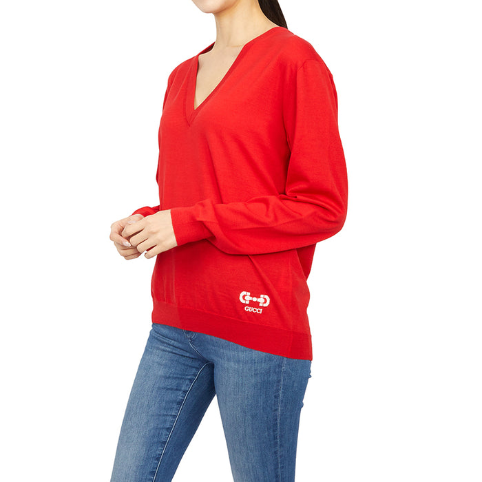 GUCCI Horsebit Red Wool V-Neck Sweater for Women