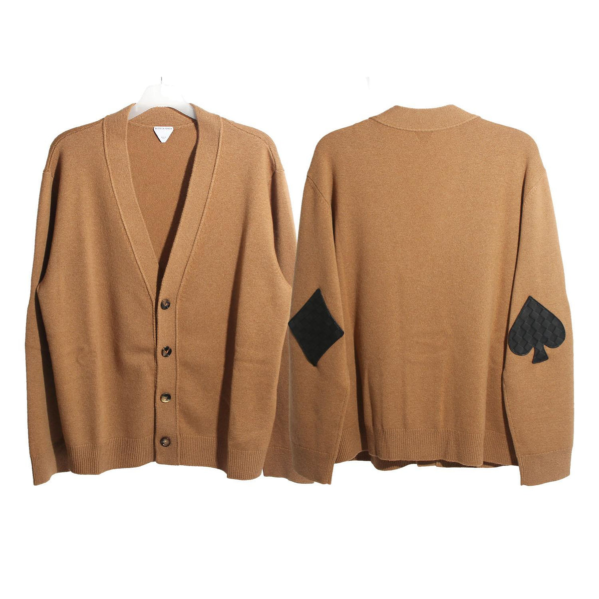 Bottega Veneta Camel Cashmere Cardigan with Elbow Leather Patc 816240 V2MM0 7802