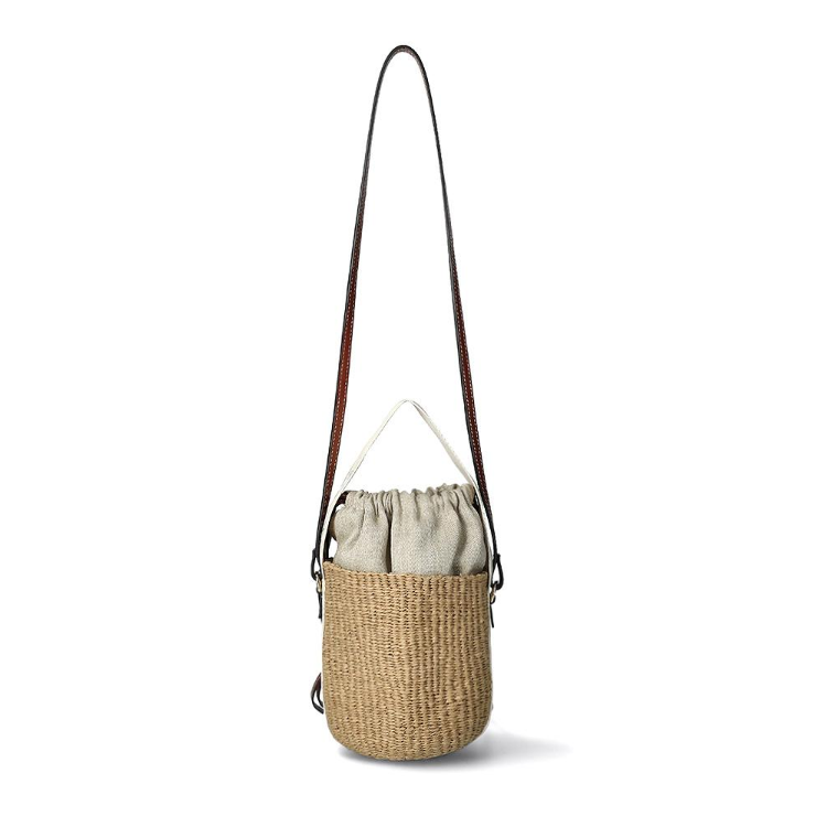 Chloe Woody Small Basket Bucket Bag Ivory Straw Leather Shoulder Bag