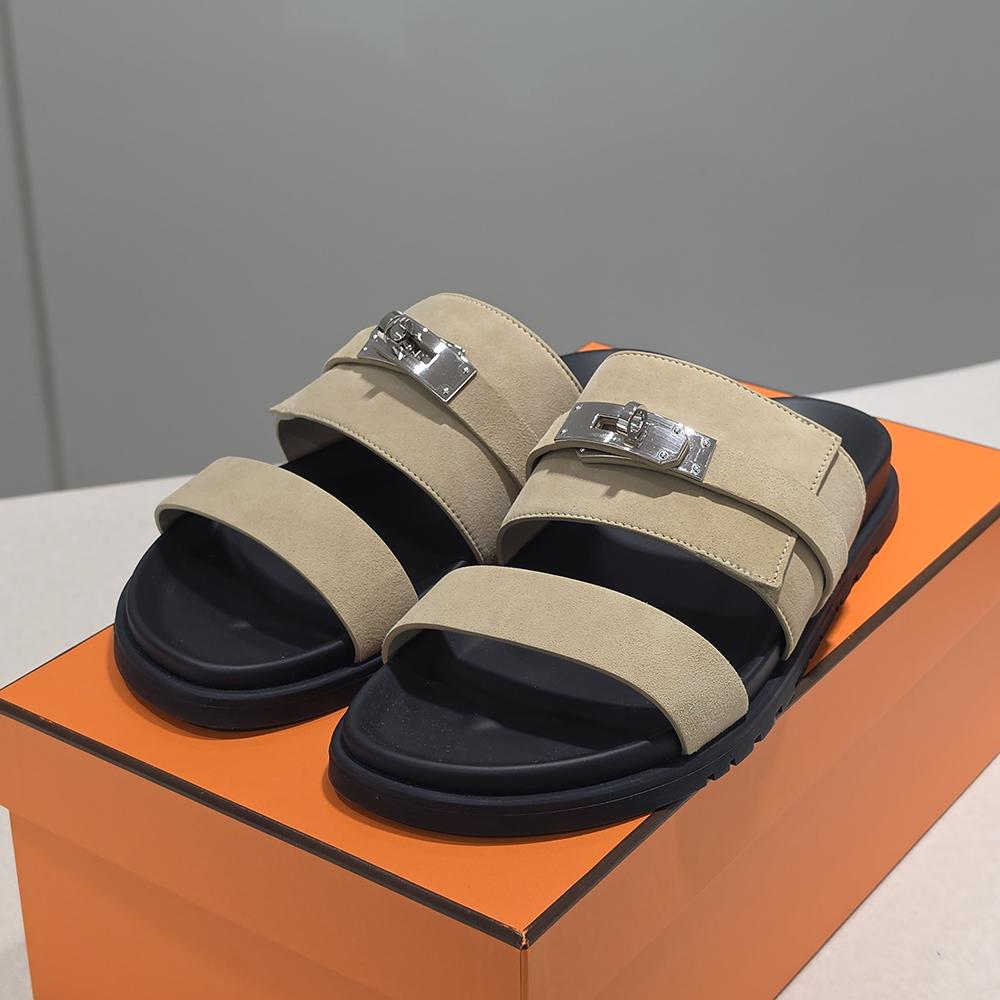 HERMES Men’s Jackson Slides Suede Calfskin Beige Silver-Tone Hardware