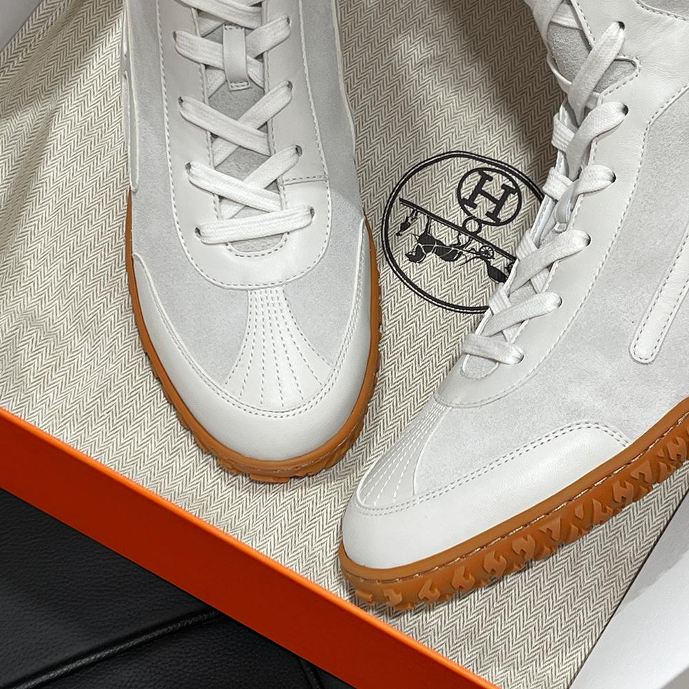 HERMES Suede Calfskin Lace-Up High-Top Sneakers White