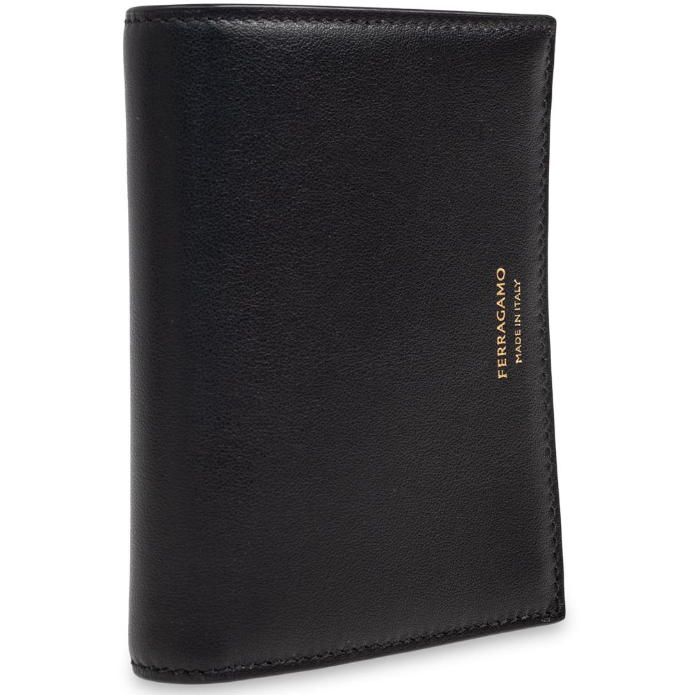 Ferragamo Black Compact Leather Bi-Fold Wallet with Gold Logo 22 0699 0775326
