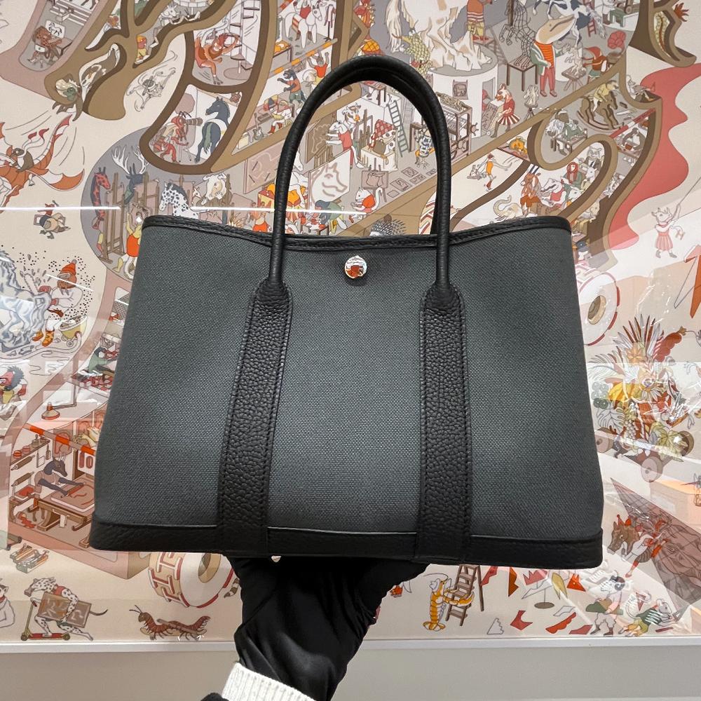HERMES Garden Party Negonda Canvas 30 Ardoise Noir Black Palladium Tote