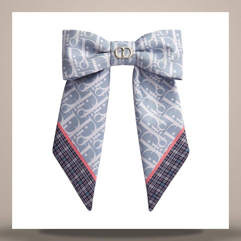 DIOR Blue Sky Tartan Twist Large Bow Silk Twill Scarf