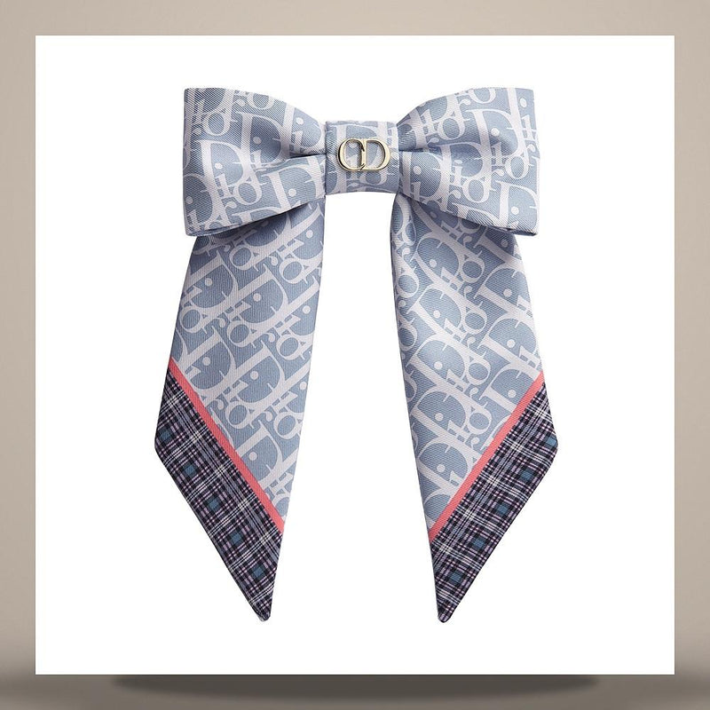 DIOR Blue Sky Tartan Twist Large Bow Silk Twill Scarf