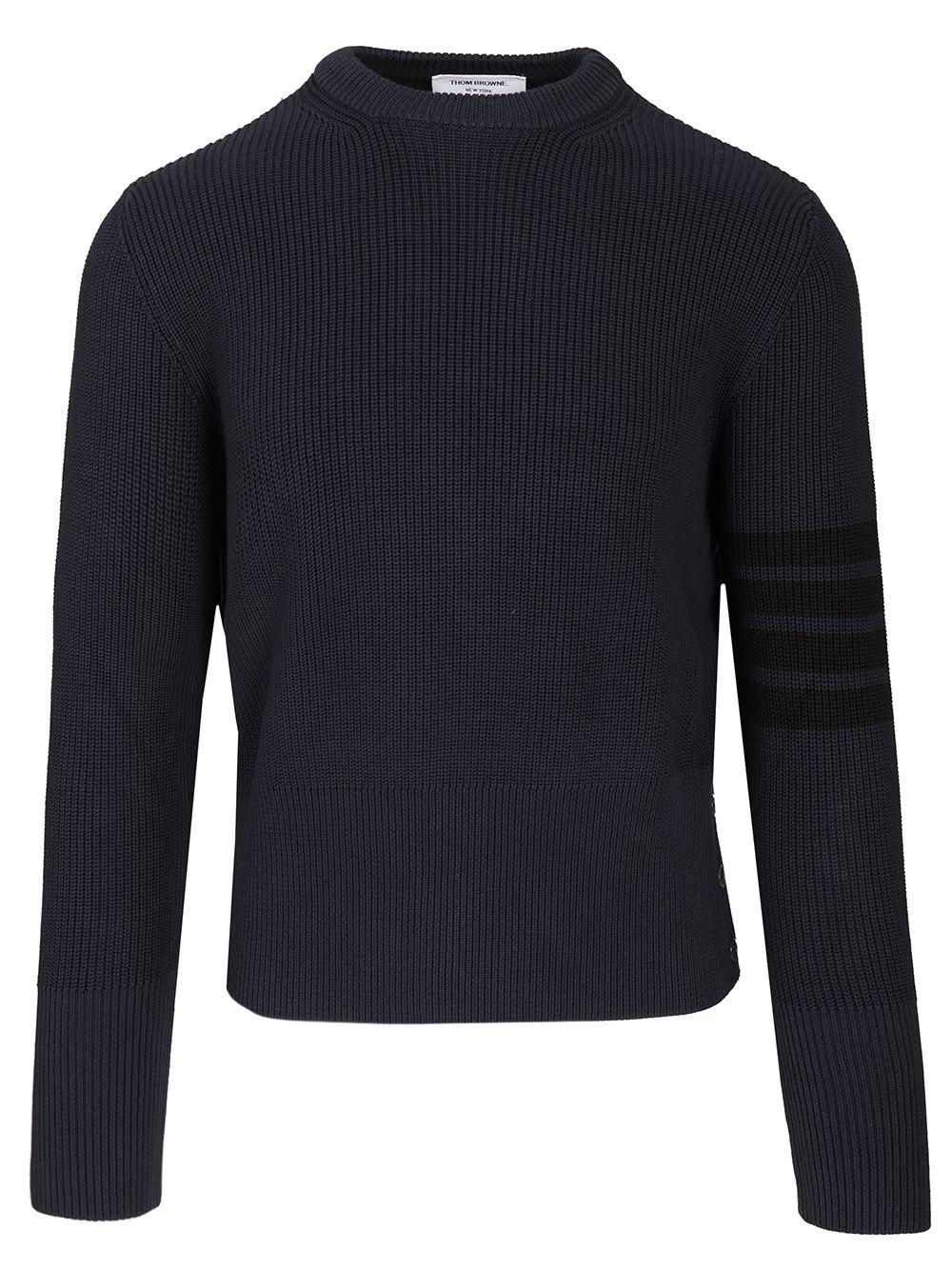 THOM BROWNE Navy Wool Round Neck Knit Sweater for Men