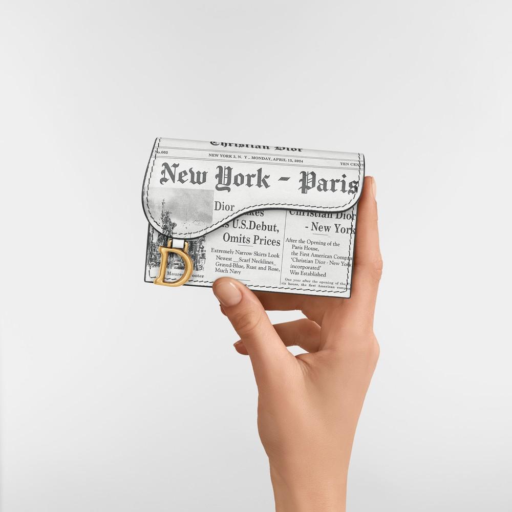 DIOR Saddle Bloom Calfskin Card Holder White Black Newspaper Print