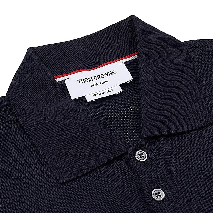 THOM BROWNE Lightweight Short Sleeve Polo T-Shirt Navy Cotton