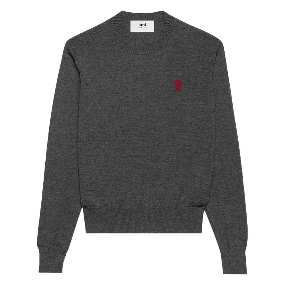 AMI Heart Logo Embroidered Unisex Crewneck Knit Sweater Gray