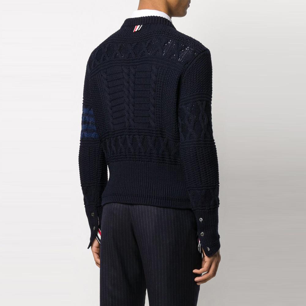 THOM BROWNE Navy Aran Cable Wool Round Neck Knit Sweater MKA304A 00014 415