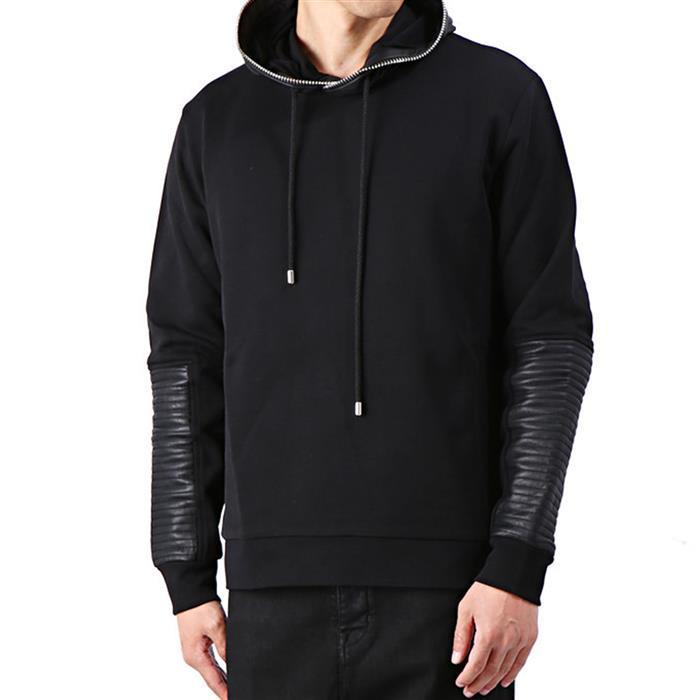 Les Hommes Leather Mix Hooded Sweater