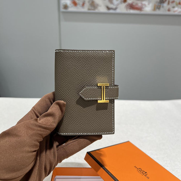HERMES Etoupe Leather Béarn Compact Card Holder Wallet Gold Hardware
