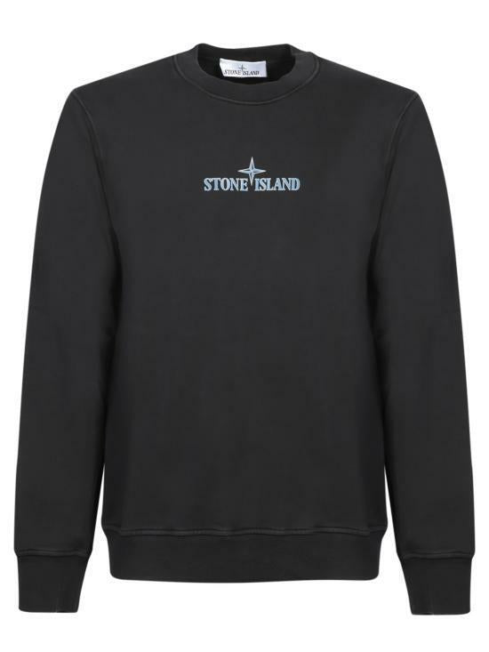 STONE ISLAND Cotton Fleece Crewneck Sweatshirt Black Institutional Print