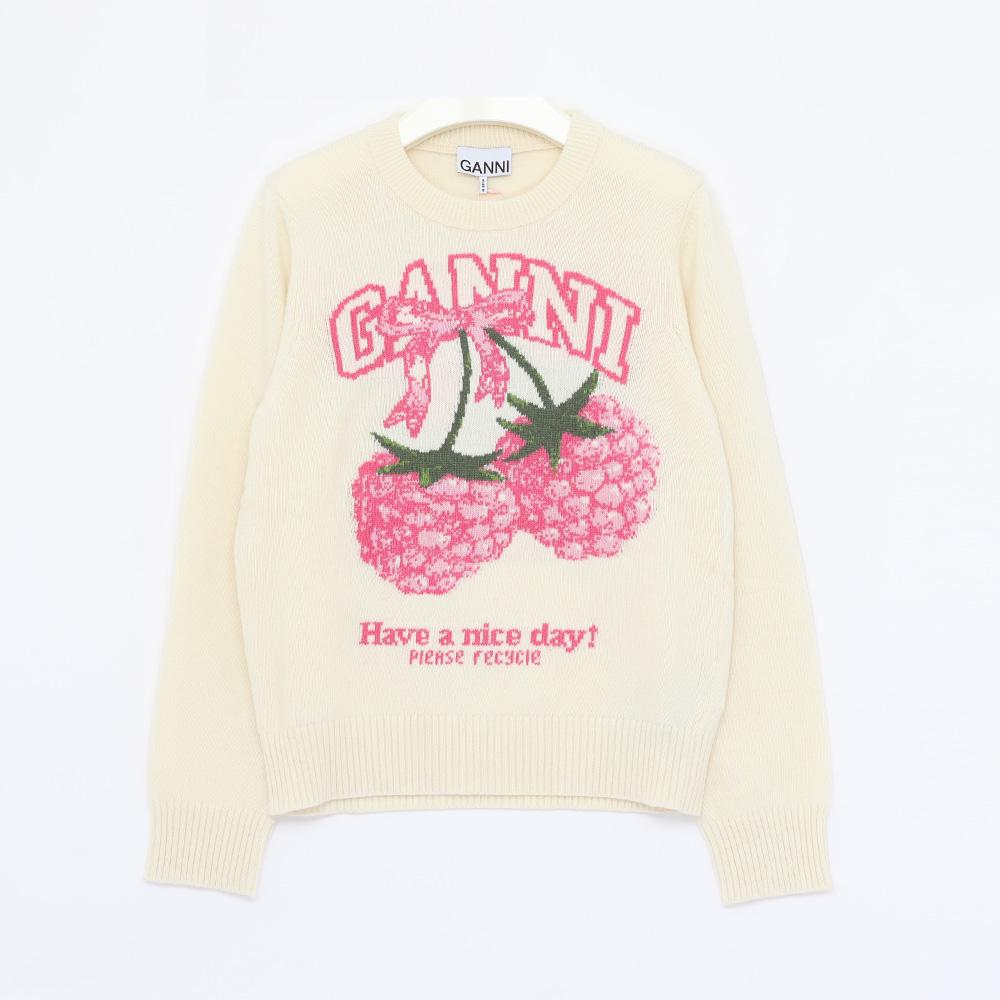 GANNI Raspberry Graphic Wool-Blend Women’s Crewneck Sweater A1070275 135
