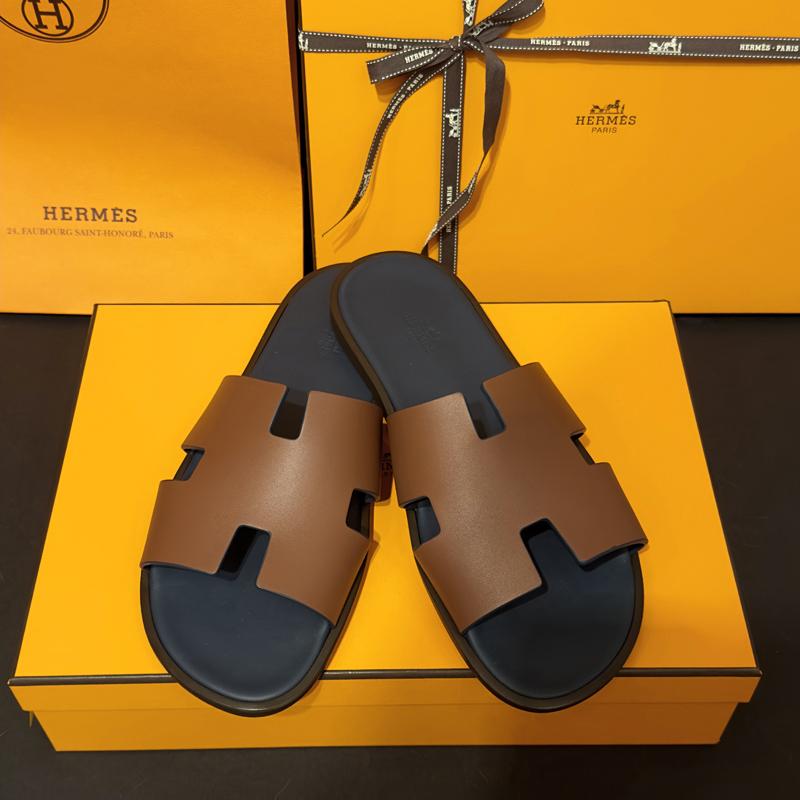 HERMES Izmir Sandals Calfskin Brown Marine Blue Two-Tone Men’s