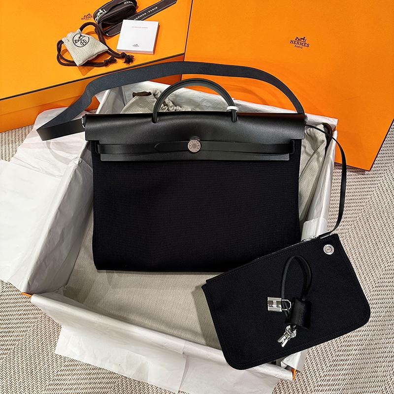 HERMES Black Canvas Shoulder Tote Messenger Bag Silver Hardware