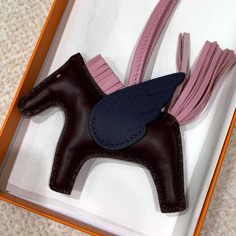 HERMES Rodeo Pegasus PM Charm Brown Navy Pink Calfskin Lambskin Key Ring