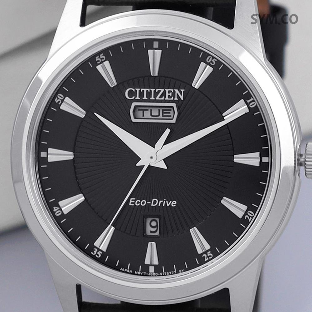 CITIZEN Eco-Drive Modern Simple Analog Day-Date Men’s Leather Watch AW0100 27E
