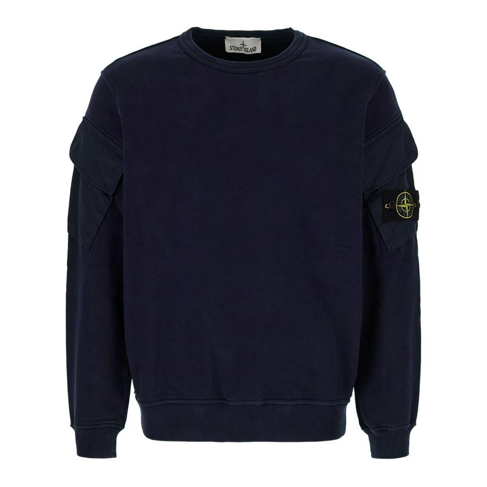 STONE ISLAND Brushed Organic Cotton Fleece Pocket Crewneck Sweatshirt Navy