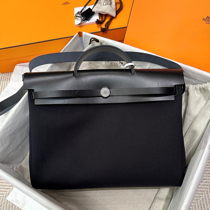 HERMES Black Canvas Shoulder Tote Messenger Bag Silver Hardware