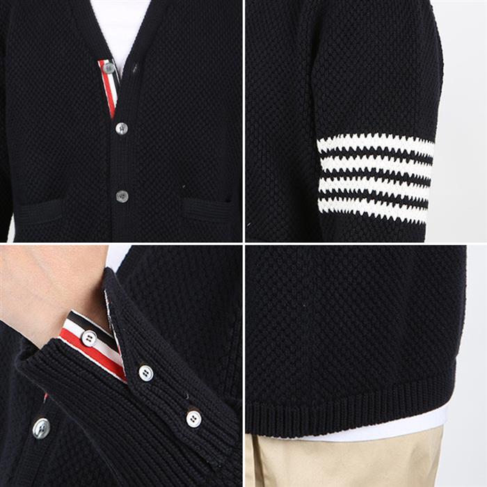 THOM BROWNE Navy Cable Knit Armband Stripe Cardigan