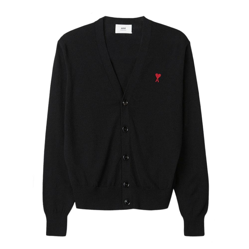 AMI Men’s Heart Logo Merino Wool Cardigan Black HKC111 KN0025