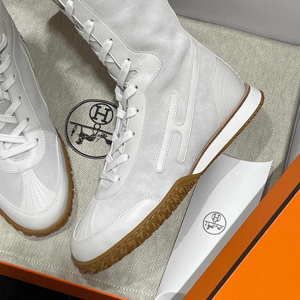 HERMES Suede Calfskin Lace-Up High-Top Sneakers White