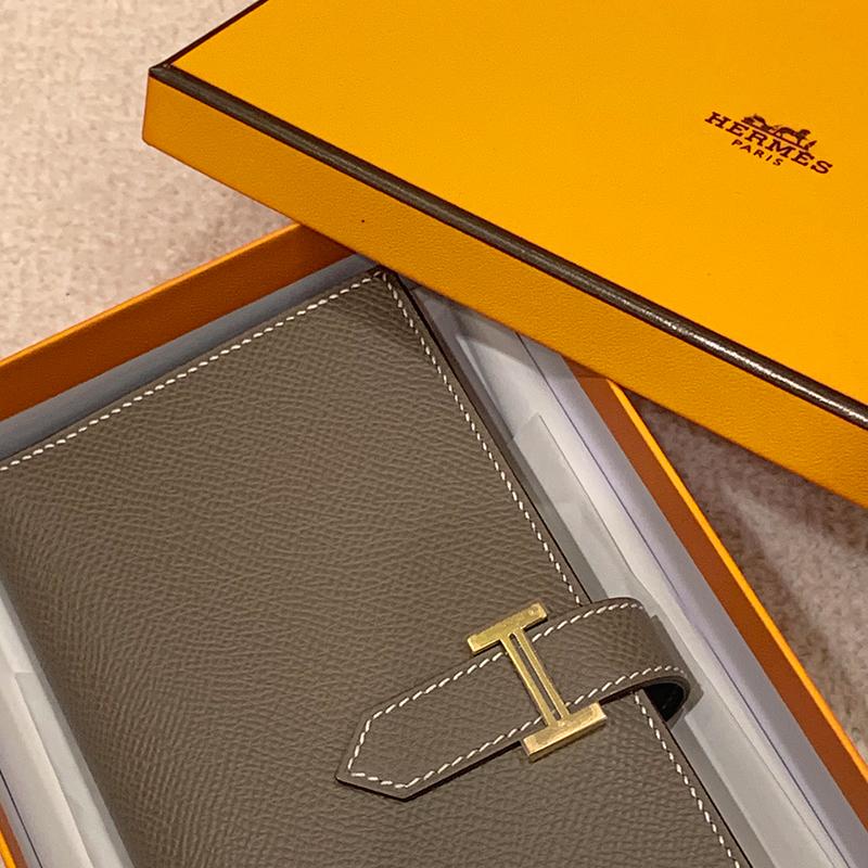 HERMES Etoupe Epsom Calfskin Béarn Long Wallet Gold Hardware