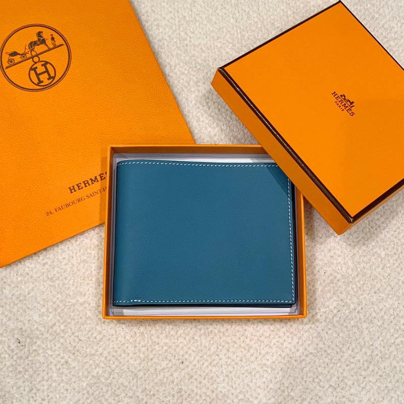 HERMES Blue Citizen Twill Compact Calfskin Silk-Lined Card Holder