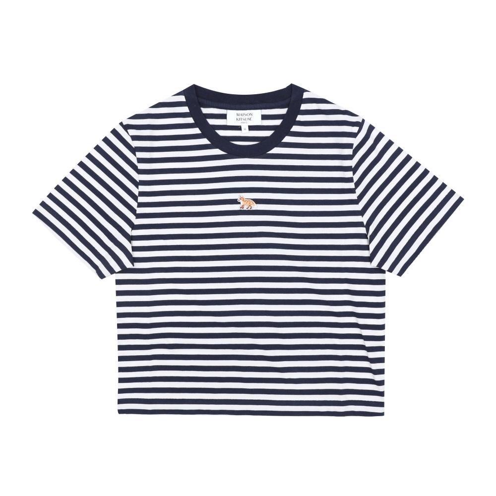 Maison Kitsune Baby Fox Patch Stripe Cropped Short Sleeve T-Shirt