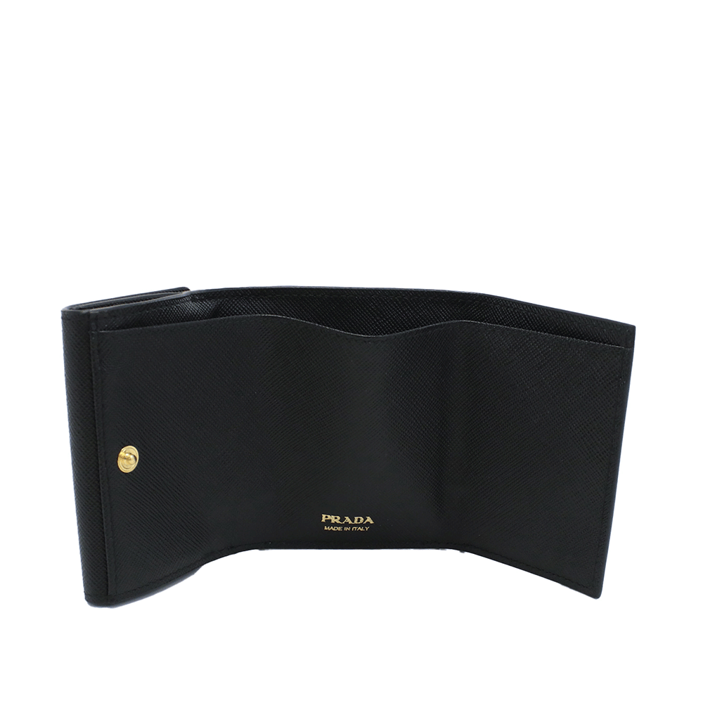 PRADA Black Saffiano Leather Triangular Logo Gold-Tone Women’s Wallet 1MH042 QHH