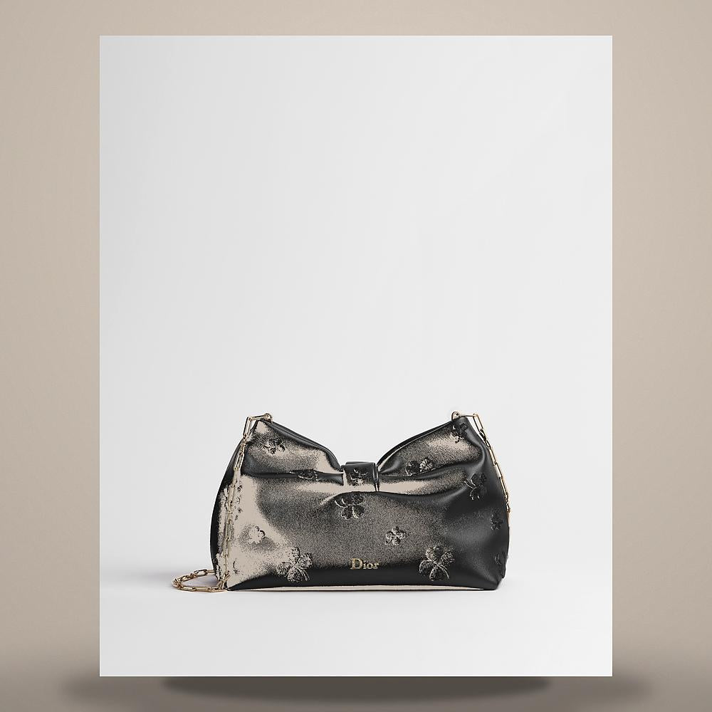 DIOR Black Lambskin Bow Small Shoulder Bag with Clover Embroidery M0715OUJA M911