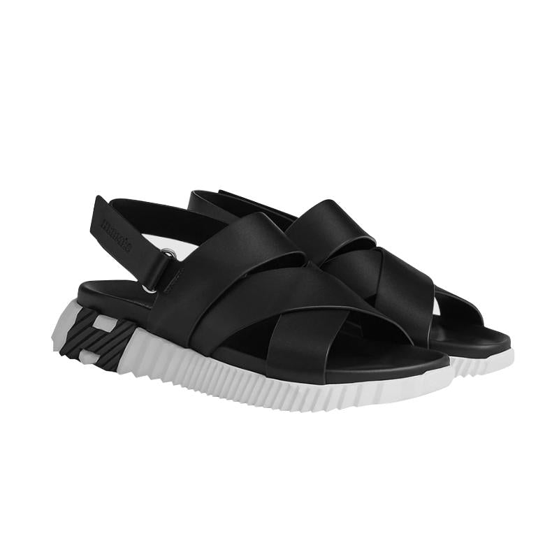 HERMES Black White Calfskin Electric H Logo Slide Sandals Men