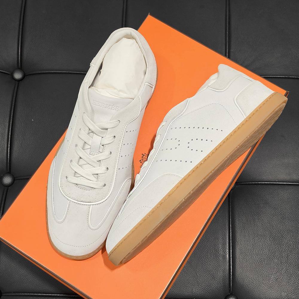 HERMES Men’s Match Sneakers White Canvas Leather Low-Top