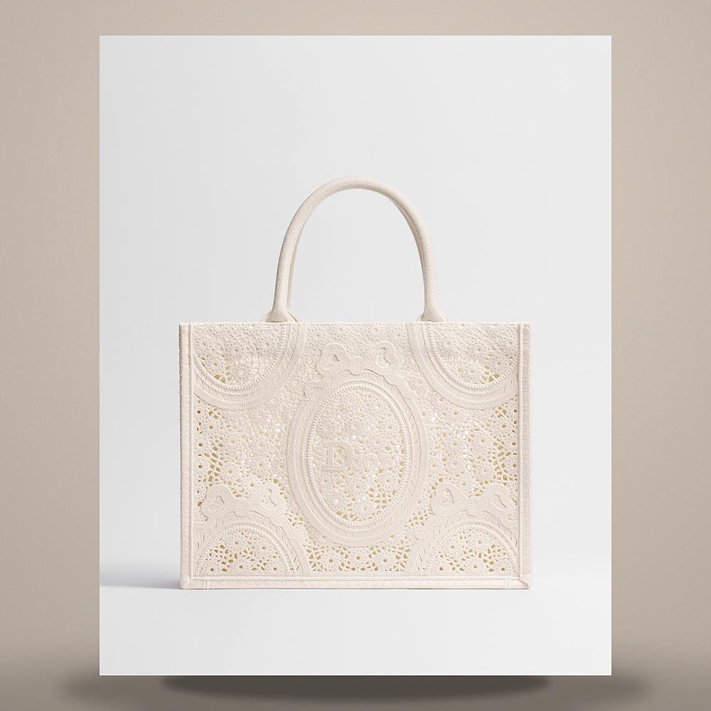 DIOR Latte Book Tote Strap Bag Medium Crochet Embroidered Shoulde M1354OEUB M941